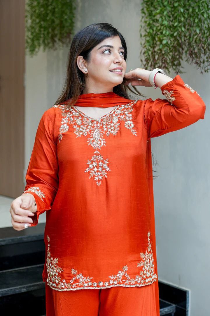 Elegant Sunset Orange Mul Chanderi Handcrafted Suit Set