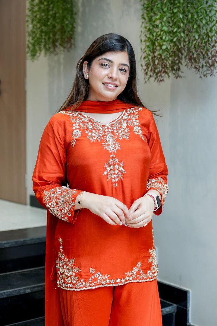 Elegant Sunset Orange Mul Chanderi Handcrafted Suit Set