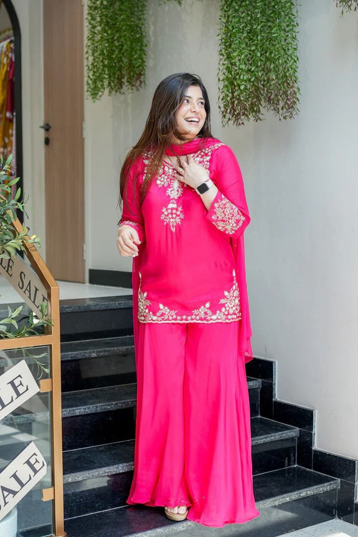 Premium Pure Mul Chanderi Handwork Suit Set – Top, Palazzo & Chiffon Dupatta
