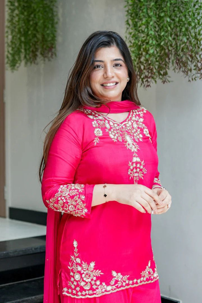 Premium Pure Mul Chanderi Handwork Suit Set – Top, Palazzo & Chiffon Dupatta