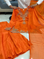 Elegant Sunset Orange Mul Chanderi Handcrafted Suit Set