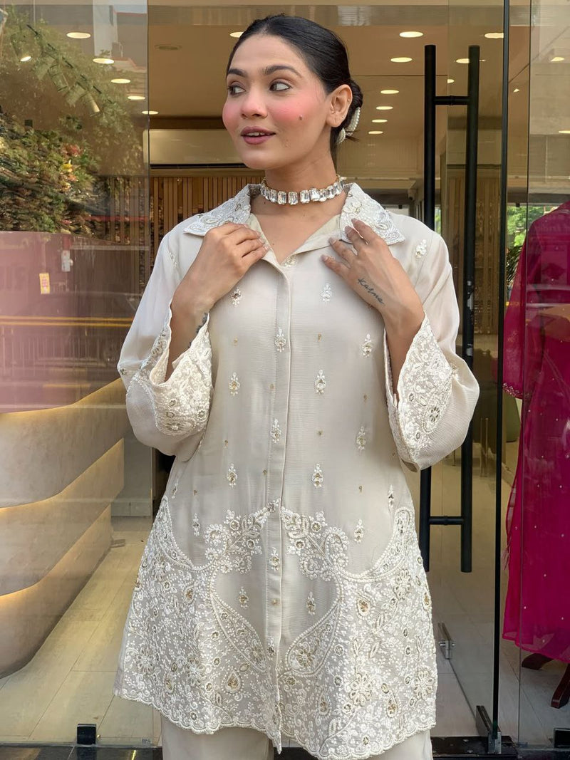 Elegant Party Wear Pure Chanderi Silk Co-Ord Set for Women