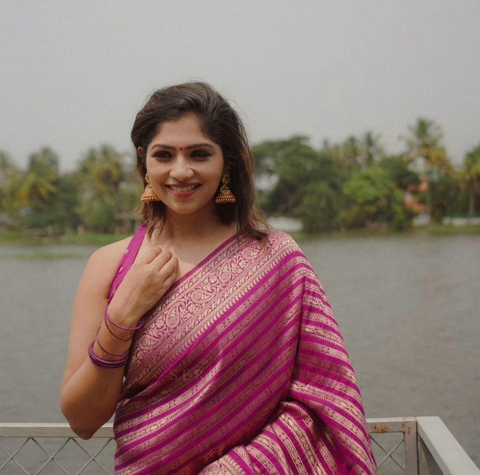Pink Banarasi Soft Silk Saree With Zari Weaving Work