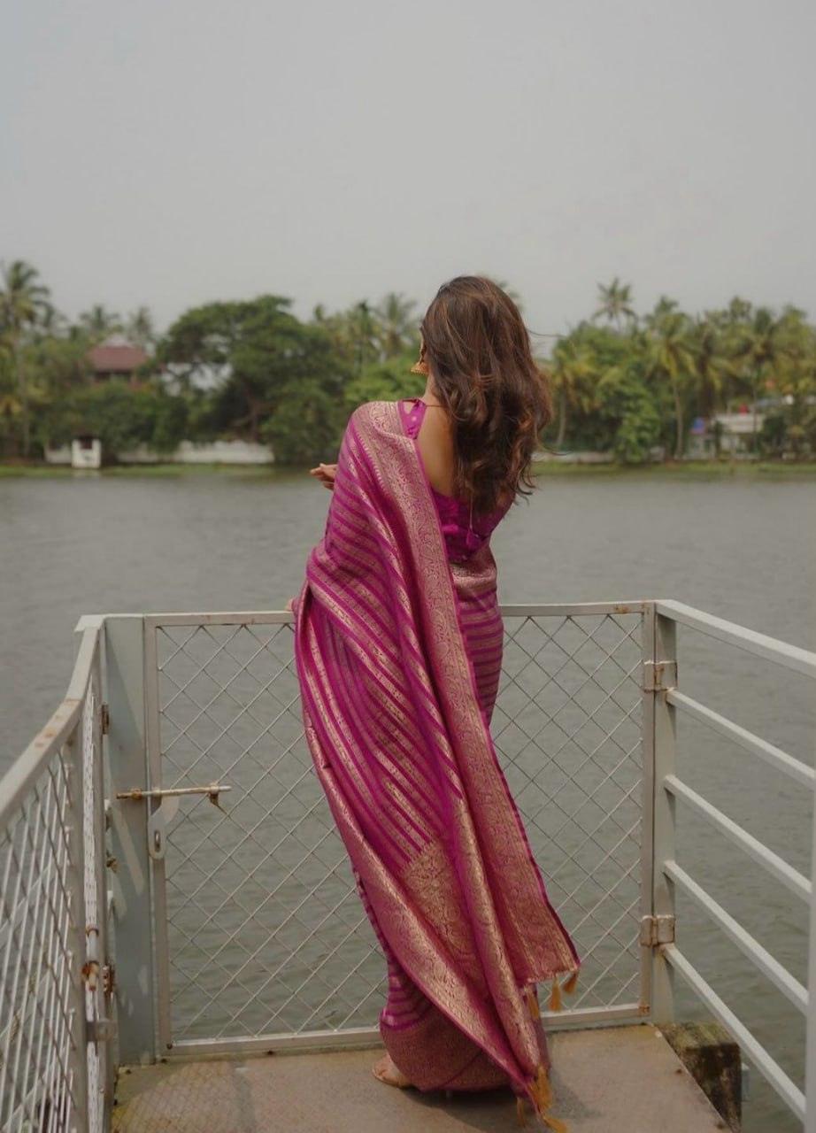 Pink Banarasi Soft Silk Saree With Zari Weaving Work - Ibis Fab