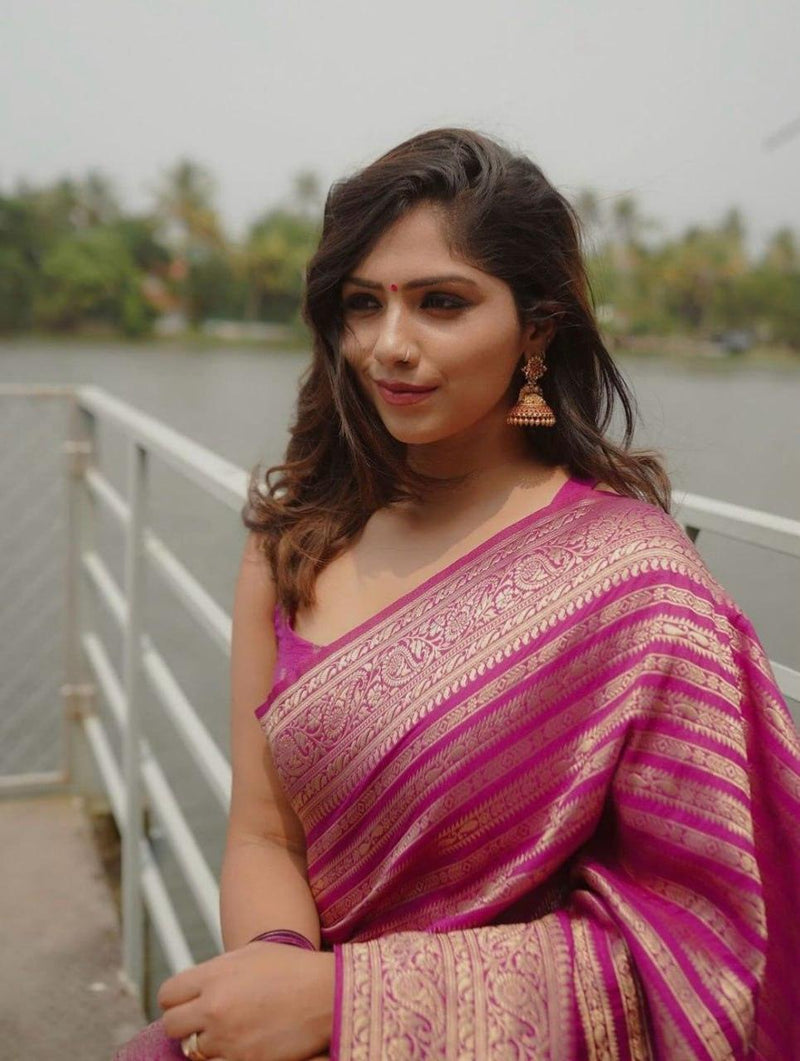 Pink Banarasi Soft Silk Saree With Zari Weaving Work - Ibis Fab