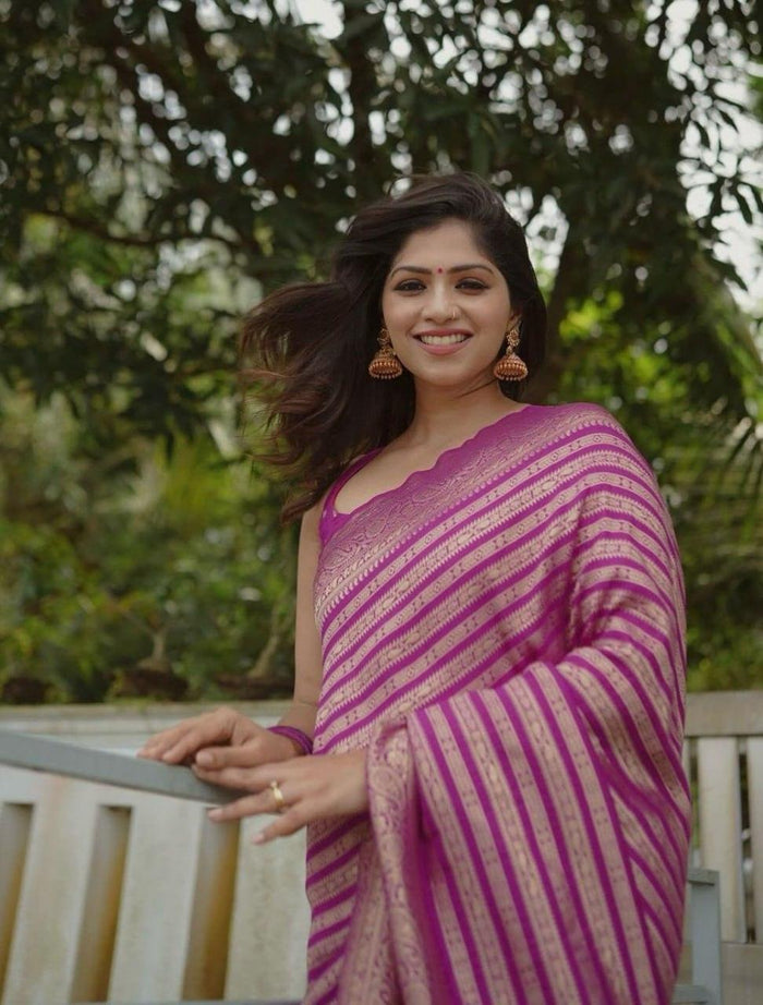 Pink Banarasi Soft Silk Saree With Zari Weaving Work