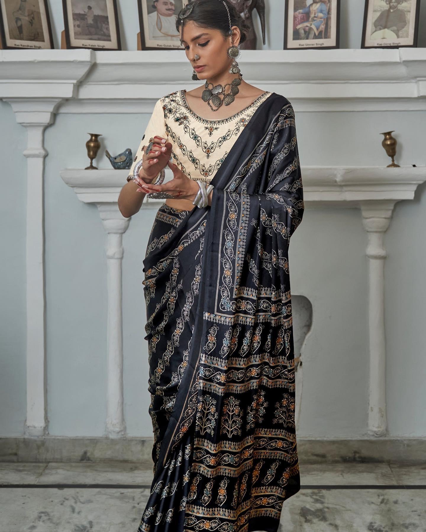 Pleasant Black Colored Printed Pure Soft Silk Saree - Ibis Fab