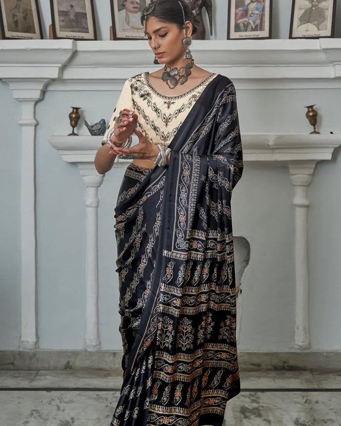 Pleasant Black Colored Printed Pure Soft Silk Saree