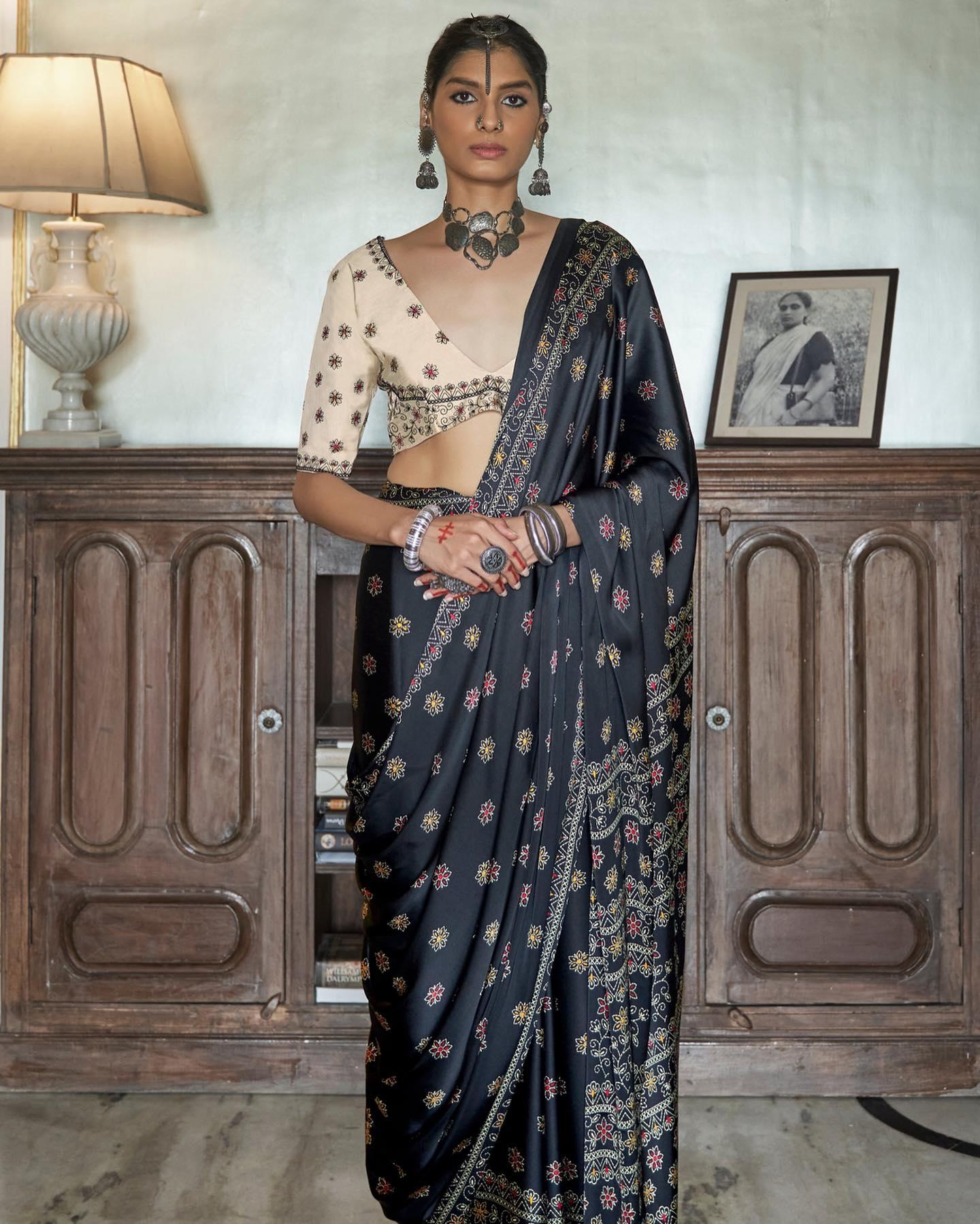 Pleasant Black Colored Printed Pure Soft Silk Saree - Ibis Fab