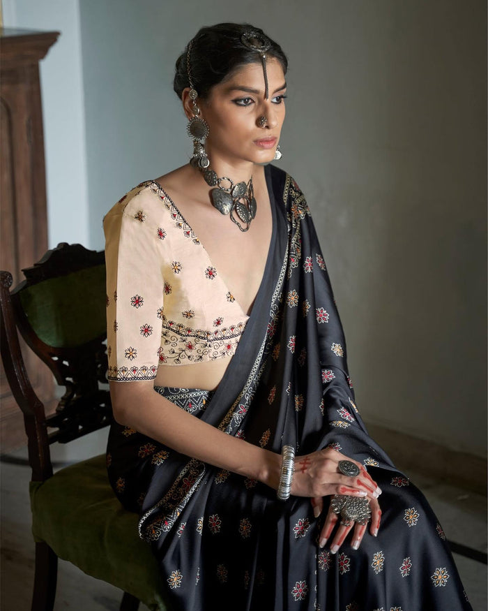 Pleasant Black Colored Printed Pure Soft Silk Saree