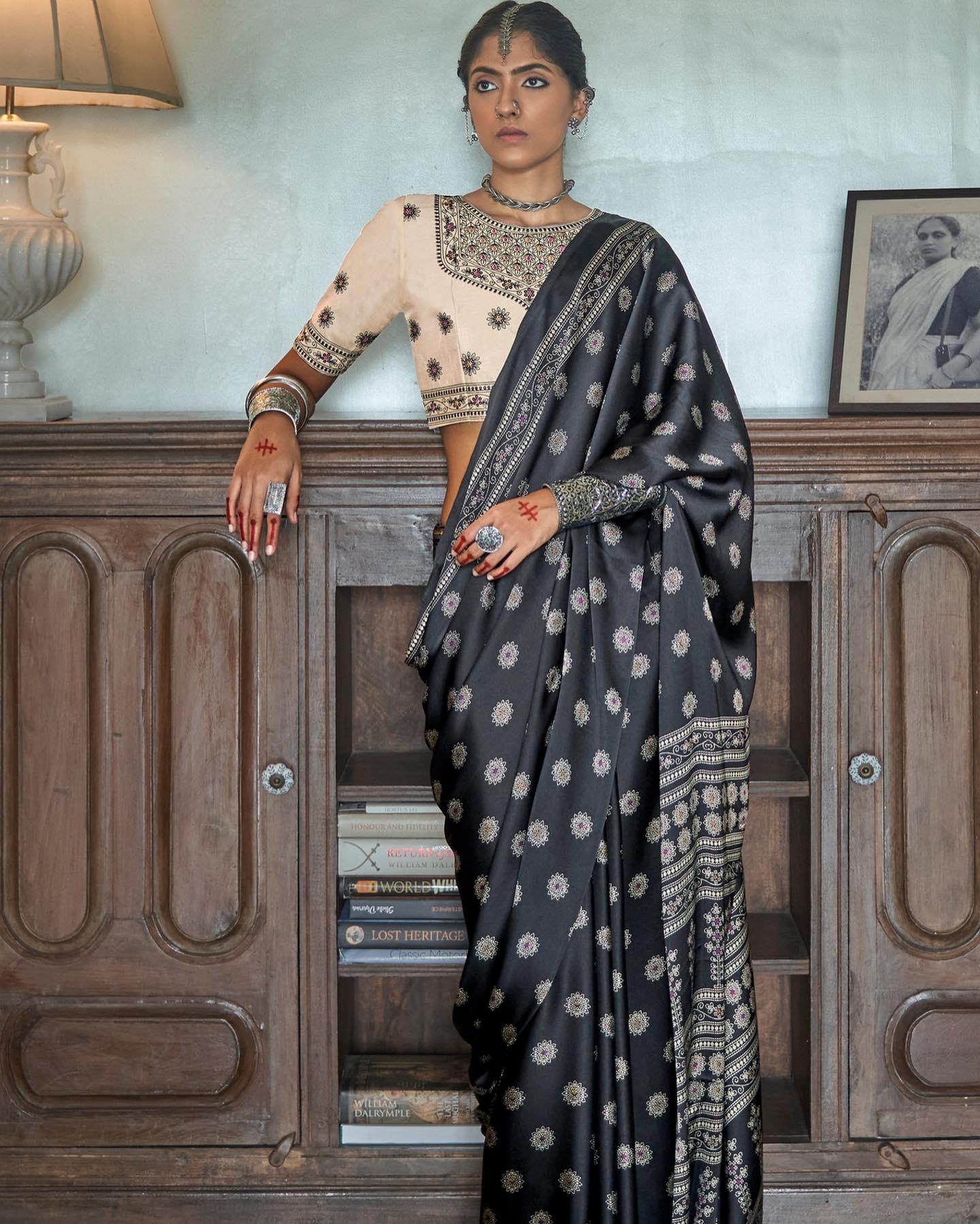 Pleasant Black Colored Printed Pure Soft Silk Saree - Ibis Fab