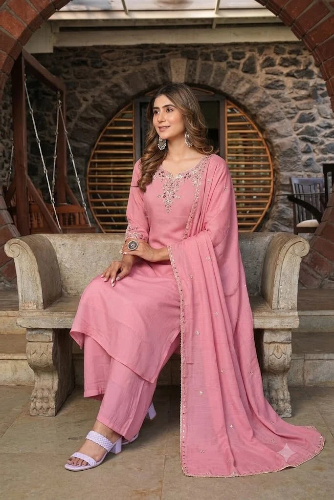 Rose Mist Floral Embroidered 3-Piece Suit Set