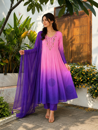 Pink & Royal Purple Embroidered Anarkali Suit Set
