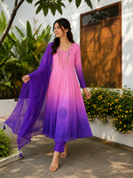 Pink & Royal Purple Embroidered Anarkali Suit Set