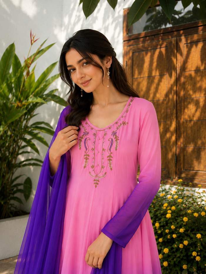 Pink & Royal Purple Embroidered Anarkali Suit Set