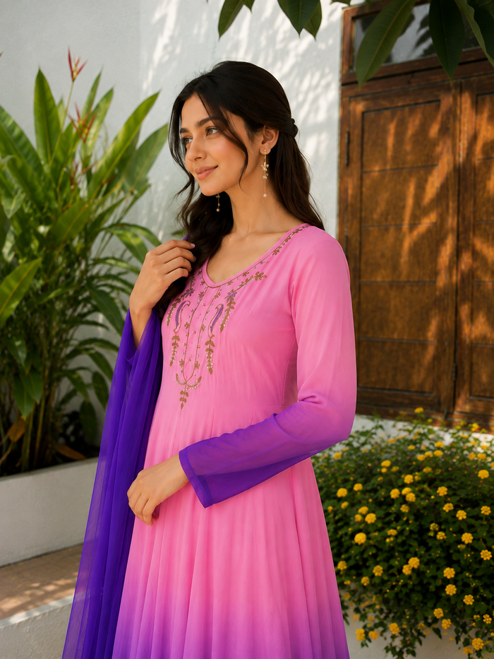 Pink & Royal Purple Embroidered Anarkali Suit Set
