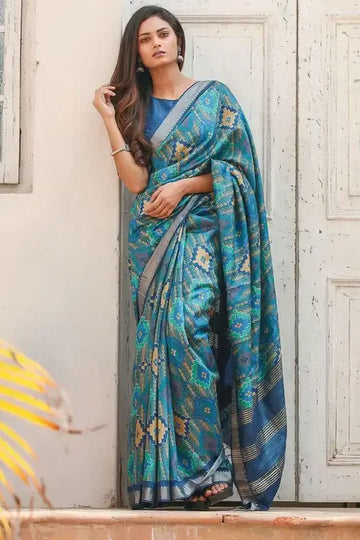 Pretty Sky Blue colored Linen Designer Printed Saree