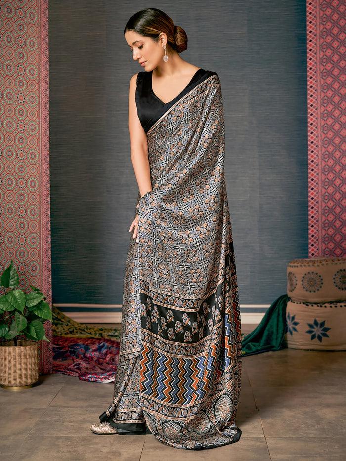 Printed Black Colored pure Silk Saree - Ibis Fab