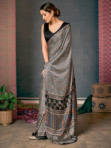 Printed Black Colored pure Silk Saree