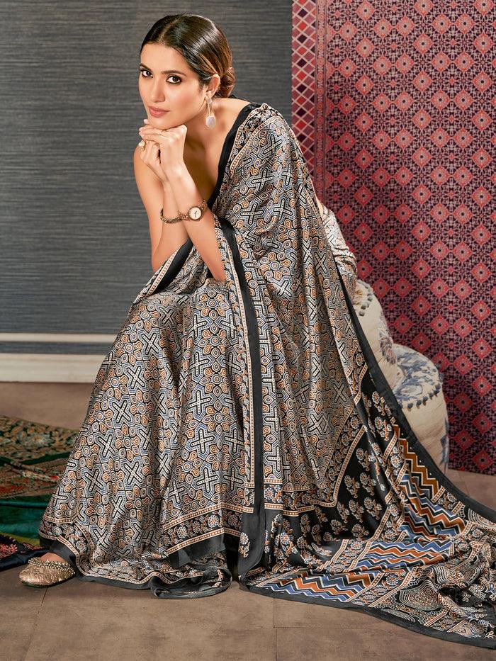 Printed Black Colored pure Silk Saree - Ibis Fab