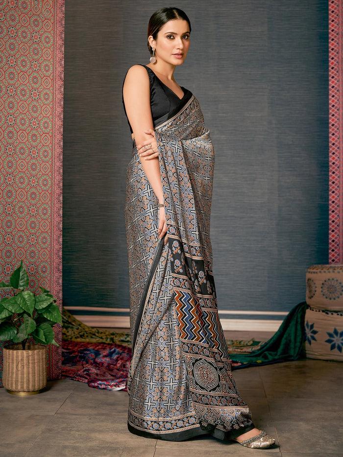 Printed Black Colored pure Silk Saree - Ibis Fab