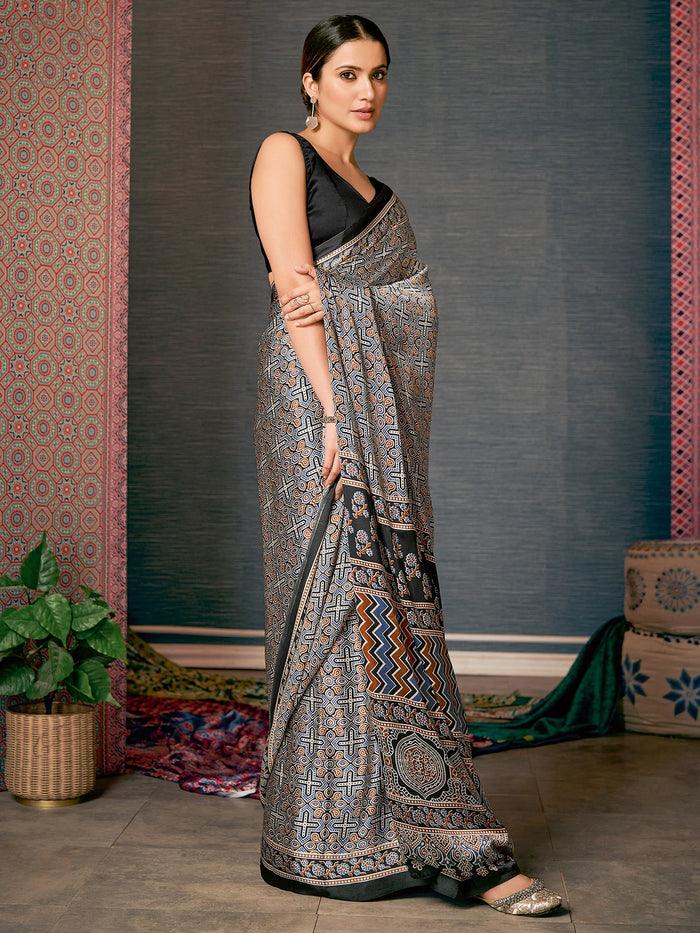 Printed Black Colored pure Silk Saree