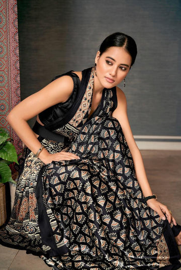 Printed Black Colored Shining Silk Saree