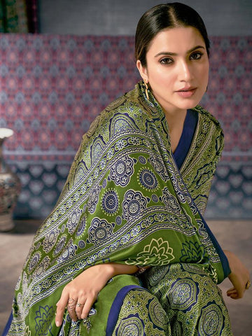 Printed Green Colored pure Silk Saree