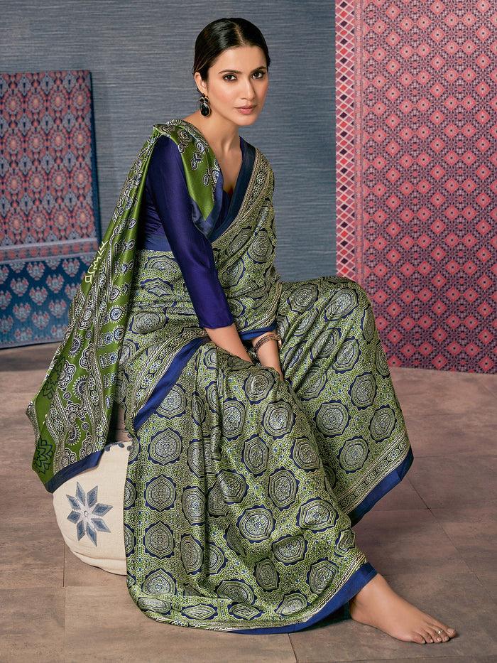 Printed Green Colored pure Silk Saree - Ibis Fab