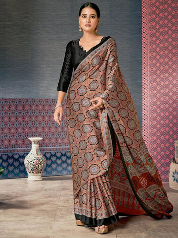 Printed Maroon Colored Silk Saree