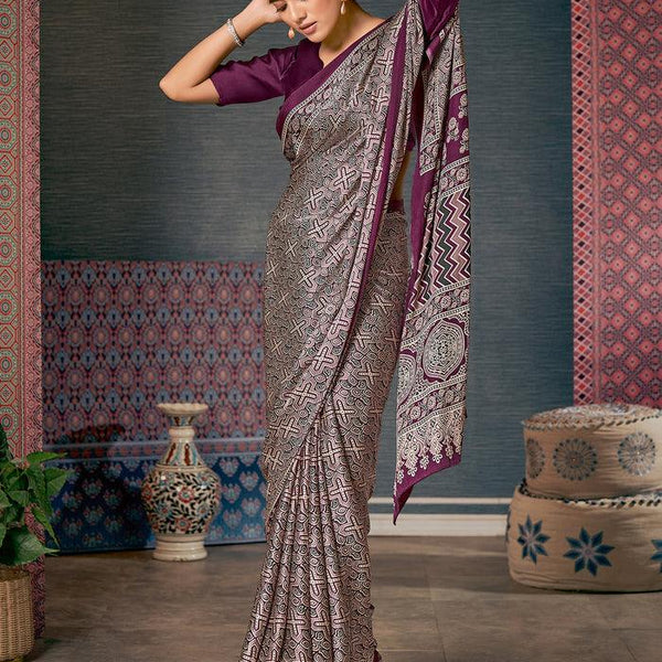 Printed Purple Colored pure Silk Saree with Blouse Piece - Ibis Fab