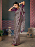 Printed Purple Colored pure Silk Saree with Blouse Piece