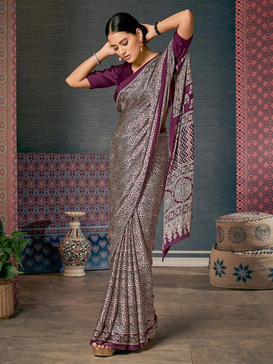 Printed Purple Colored pure Silk Saree with Blouse Piece - Ibis Fab