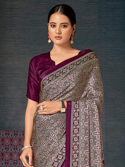 Printed Purple Colored pure Silk Saree with Blouse Piece - Ibis Fab