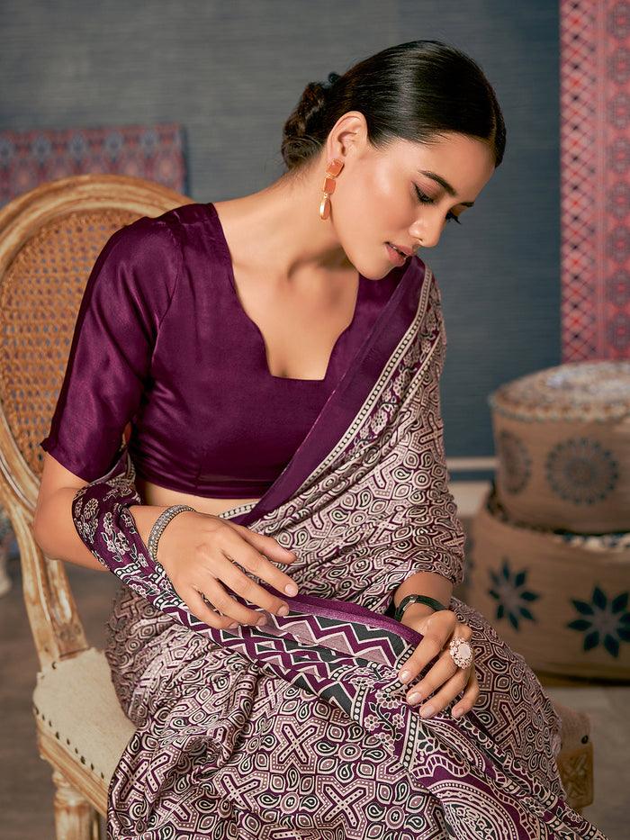 Printed Purple Colored pure Silk Saree with Blouse Piece