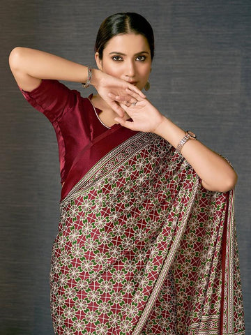 Printed Red Colored Shining Silk Saree