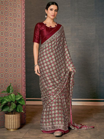 Printed Red Colored Shining Silk Saree