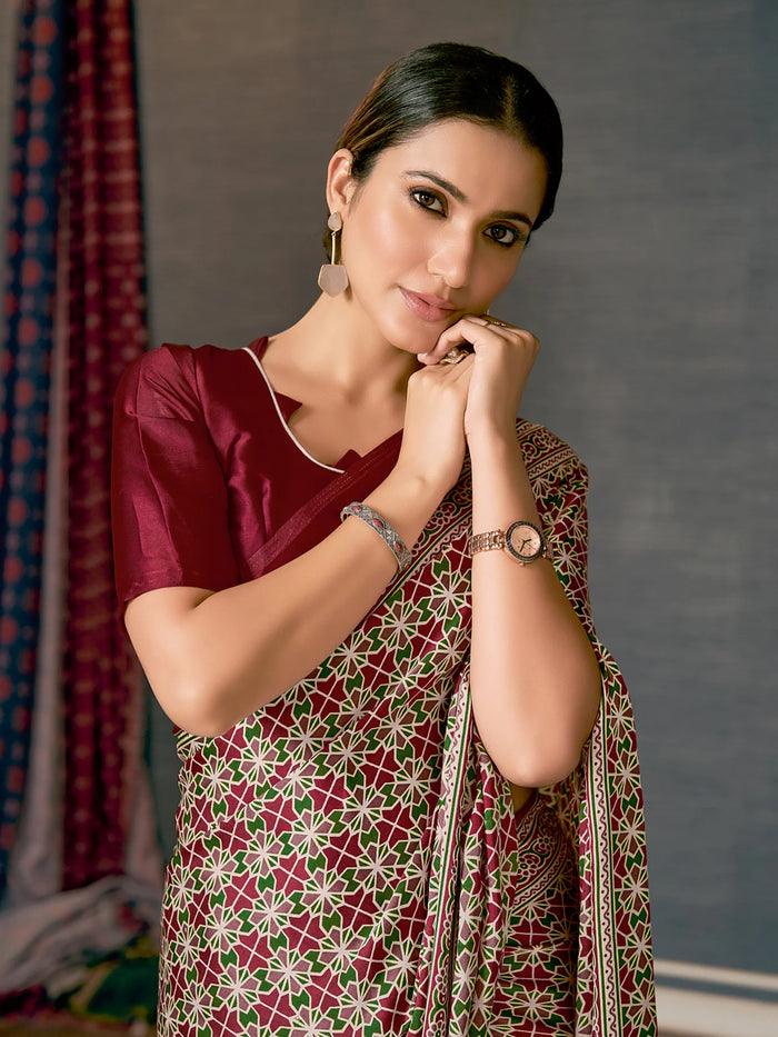 Printed Red Colored Shining Silk Saree