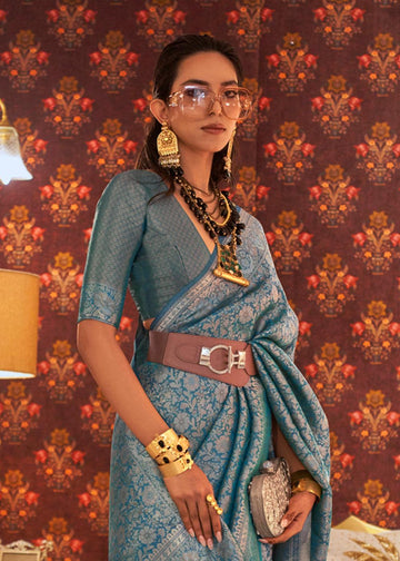 Prominent Sky Blue Colored Printed Pure Soft Silk Saree