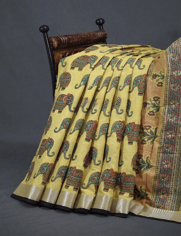 Prominent Yellow Colored Cotton Linen Designer Printed Saree - Ibis Fab