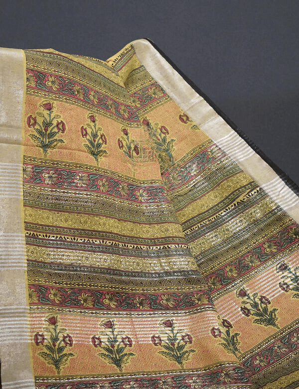 Prominent Yellow Colored Cotton Linen Designer Printed Saree