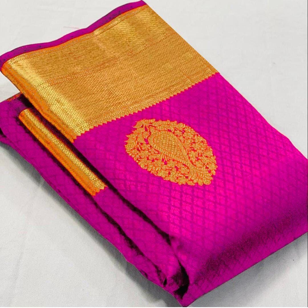 Pure jacquard Silk pink beautiful Saree Colour Wedding Wear - Ibis Fab