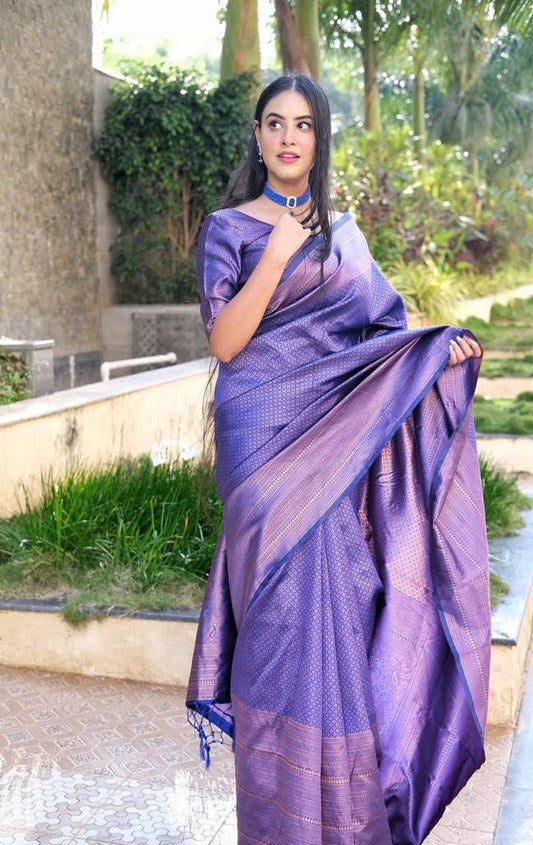 Pure jacquard Silk Sarees Blue Colour, Festival Wear - Ibis Fab