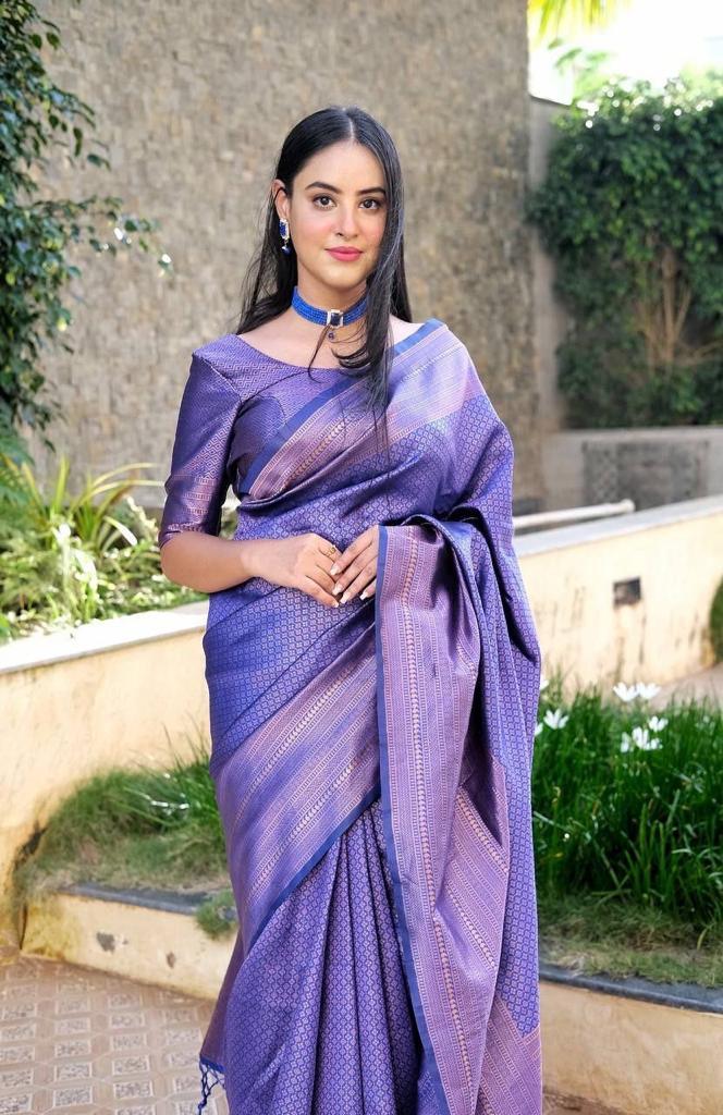 Pure jacquard Silk Sarees Blue Colour, Festival Wear - Ibis Fab