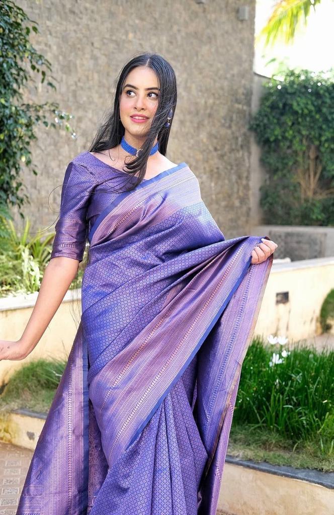 Pure jacquard Silk Sarees Blue Colour, Festival Wear - Ibis Fab