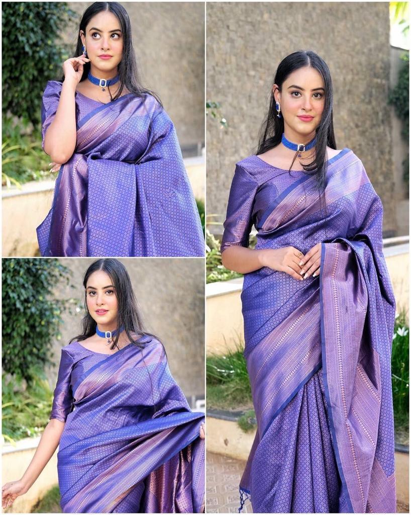 Pure jacquard Silk Sarees Blue Colour, Festival Wear - Ibis Fab