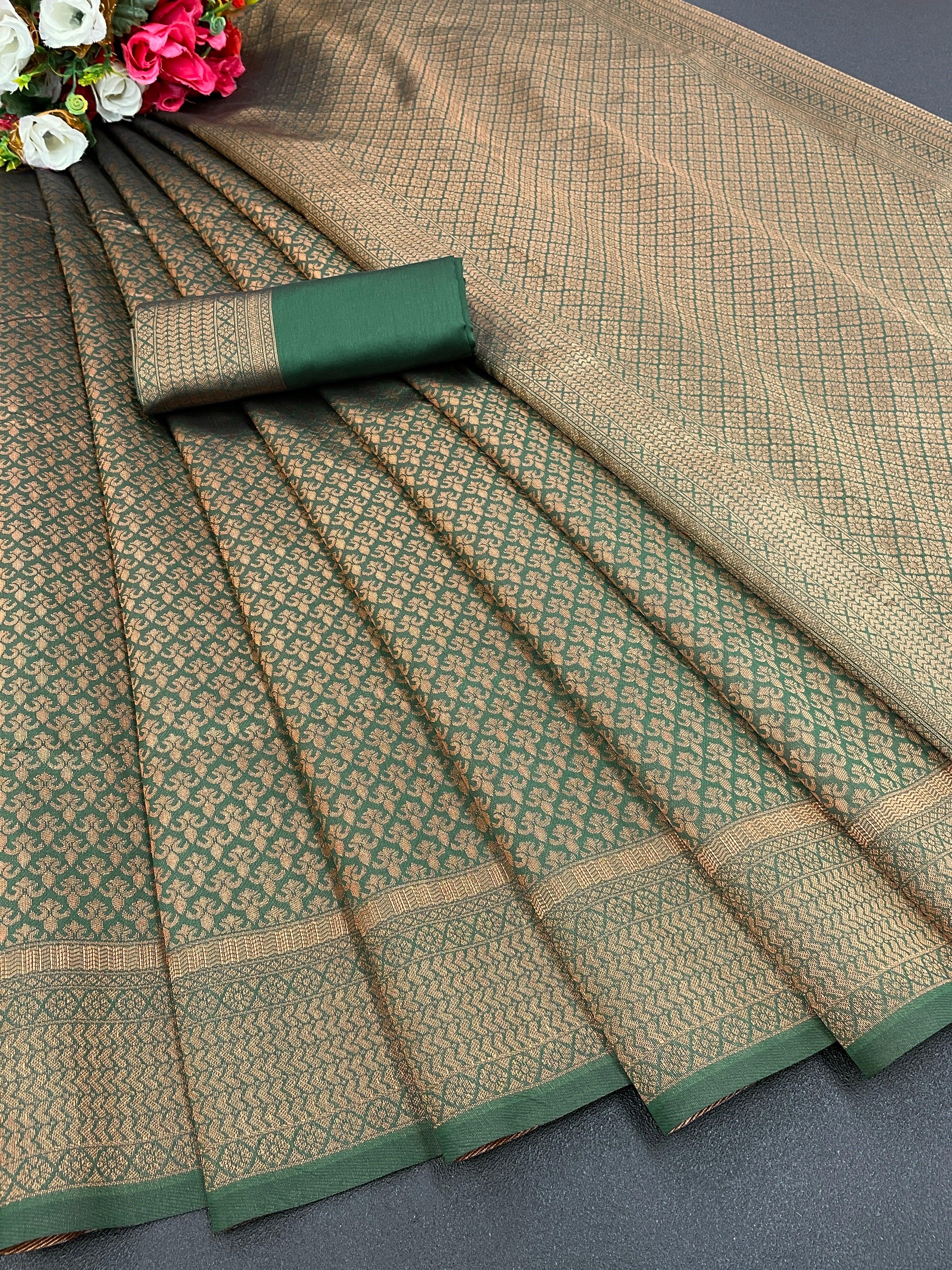 Pure jacquard Silk Sarees Dark Green Colour, Wedding Wear - Ibis Fab