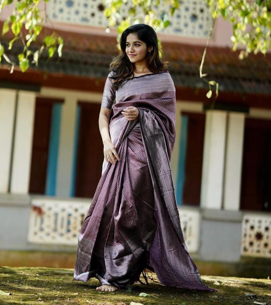 Pure jacquard Silk Sarees Dark Wine Colour, Festival Wear - Ibis Fab