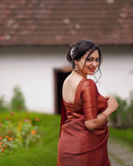 Pure jacquard Silk Sarees Maroon Colour, Festival Wear - Ibis Fab