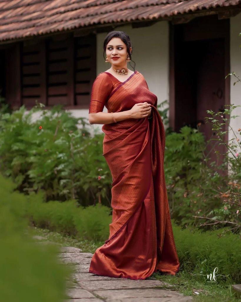 Pure jacquard Silk Sarees Maroon Colour, Festival Wear - Ibis Fab